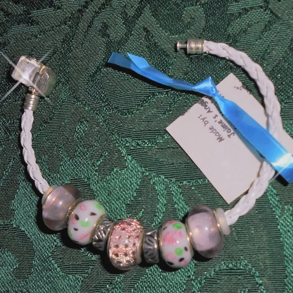 Pink, White & Mint Green Glass Big-hole Beads Braided Leatherette Bracelet - Picture 4 of 13